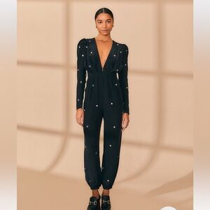 FARM Rio silky jumpsuit with embroidered mirror detail. NWT. Size S/UK 6